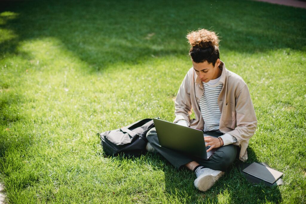 student, laptop, lawn